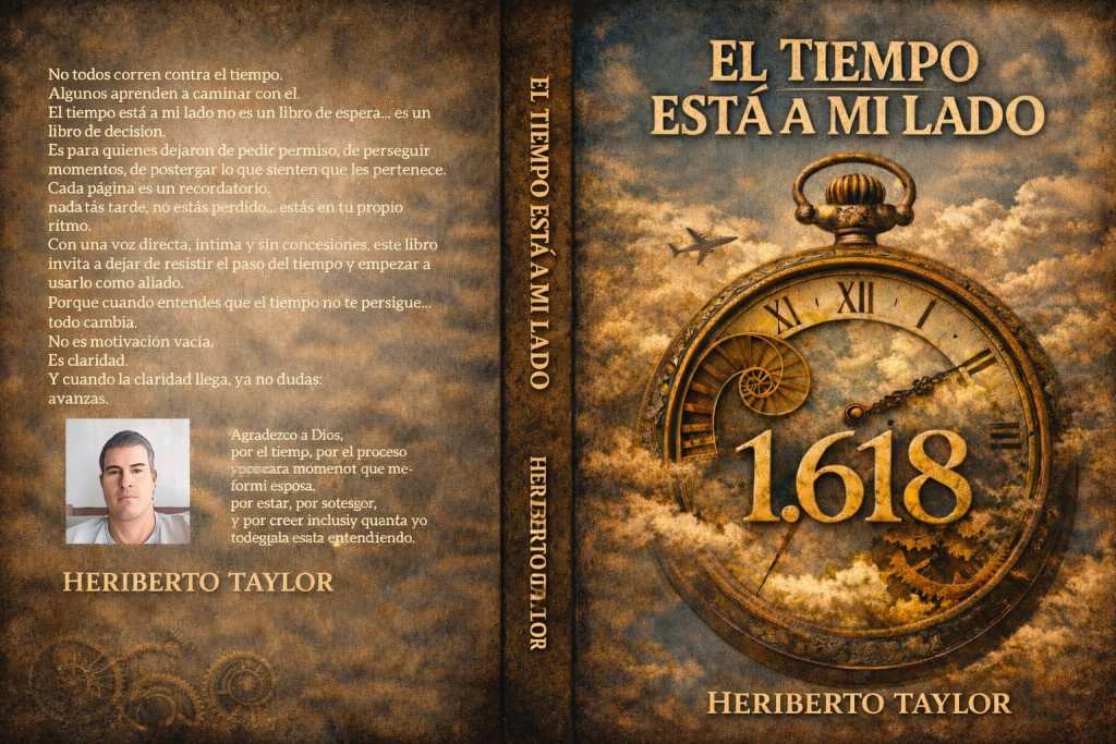 Book cover of 'El Tiempo Está a Mi Lado' by Heriberto Taylor, featuring a vintage pocket watch, clouds, and an airplane in the background, with a quote about time and decision-making.