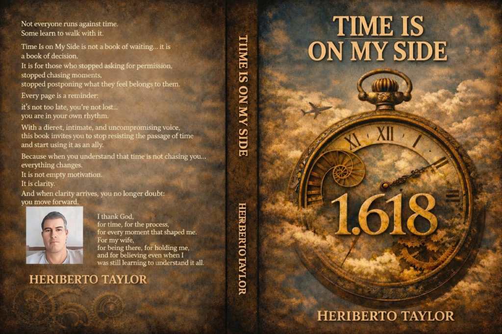 Book cover titled 'Time Is On My Side' by Heriberto Taylor, featuring an artistic clock design with clouds and an airplane in the background.