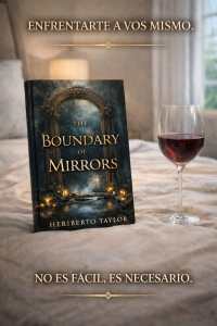 A book titled 'The Boundary of Mirrors' by Heriberto Taylor is placed on a bed with a glass of red wine beside it. The background shows soft lighting and a cozy atmosphere, accompanied by motivational phrases in Spanish.