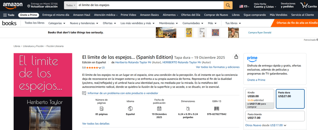 Portada del libro 'El limite de los espejos...' de Heriberto Taylor, con una descripción del contenido y detalles de edición, disponible en Amazon.