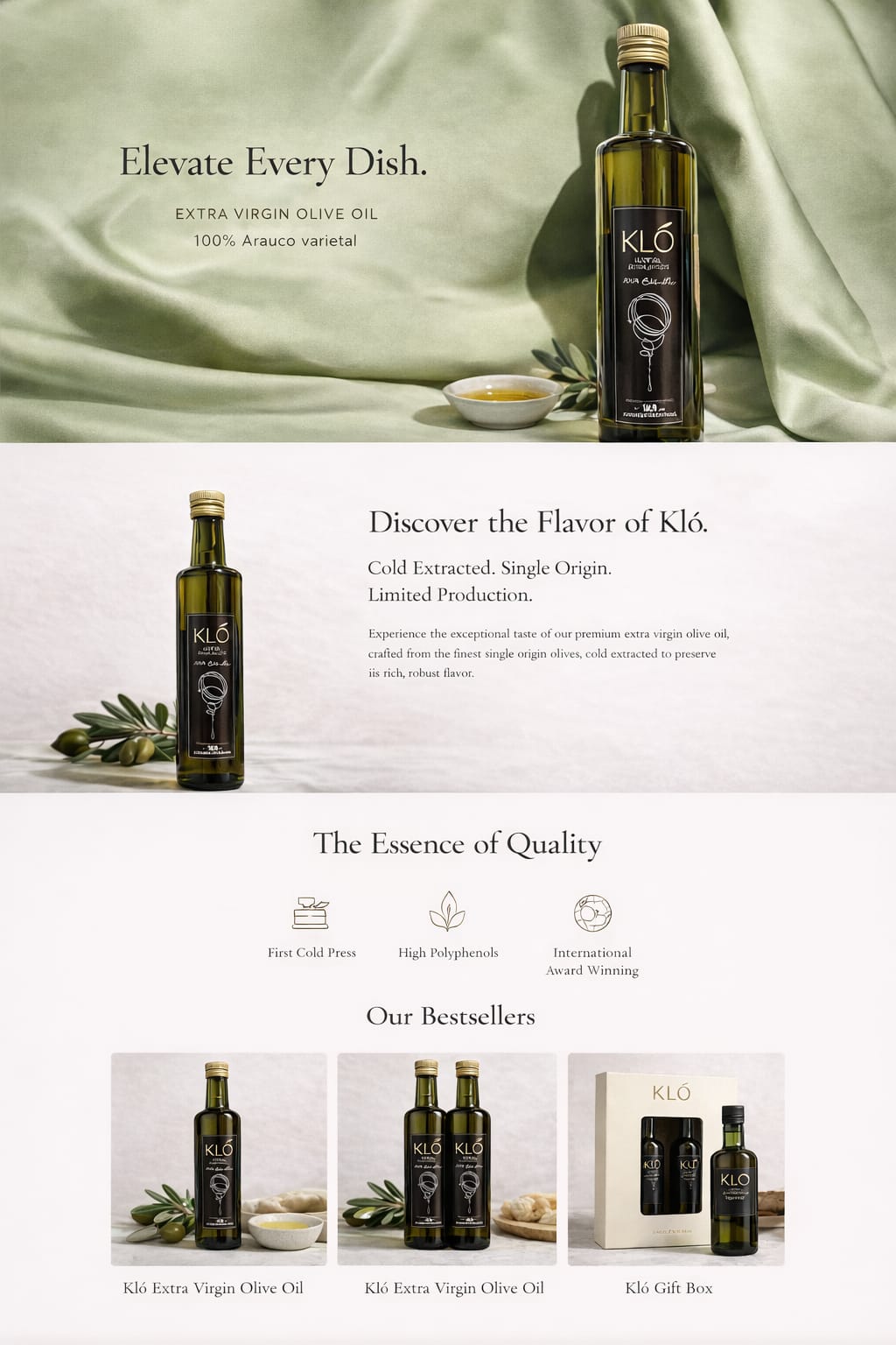 Image showcasing Kló extra virgin olive oil bottle surrounded by olive leaves, highlighting its premium quality and cold extraction process.