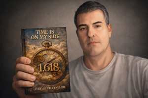 A man holding a book titled 'Time Is On My Side' by Heriberto Taylor, featuring a decorative clock design on the cover with the numbers 1.618 and cloudy background.