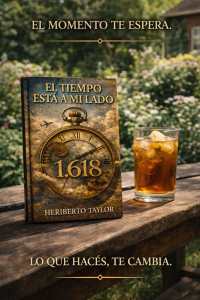 A book titled 'El Tiempo Está A Mi Lado' by Heriberto Taylor, featuring a gold clock design, placed on a wooden table next to a glass of iced tea with lemon, surrounded by a garden.