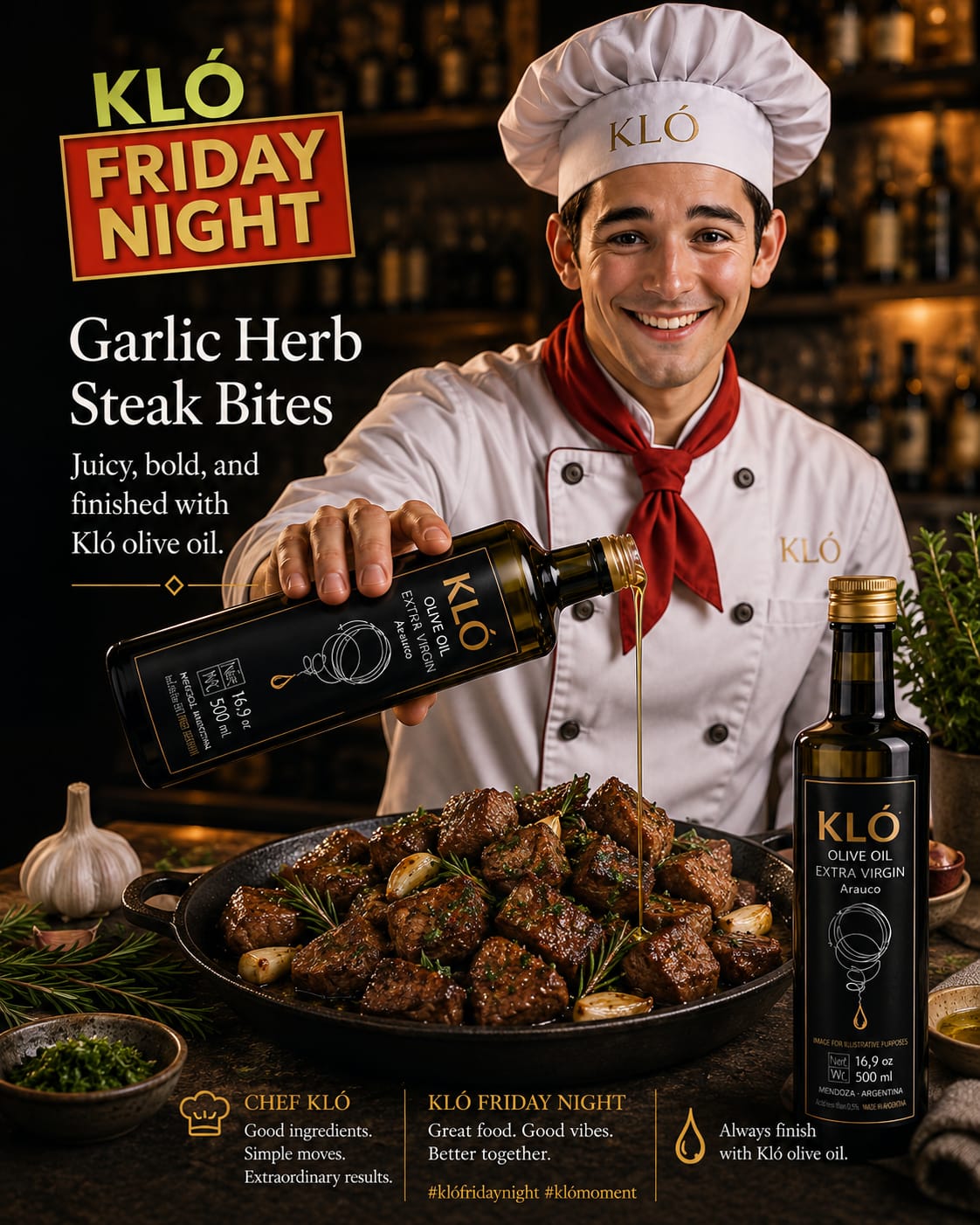 KLO FRIDAY NIGHT garlic herb steak bites with Klo Olive oil