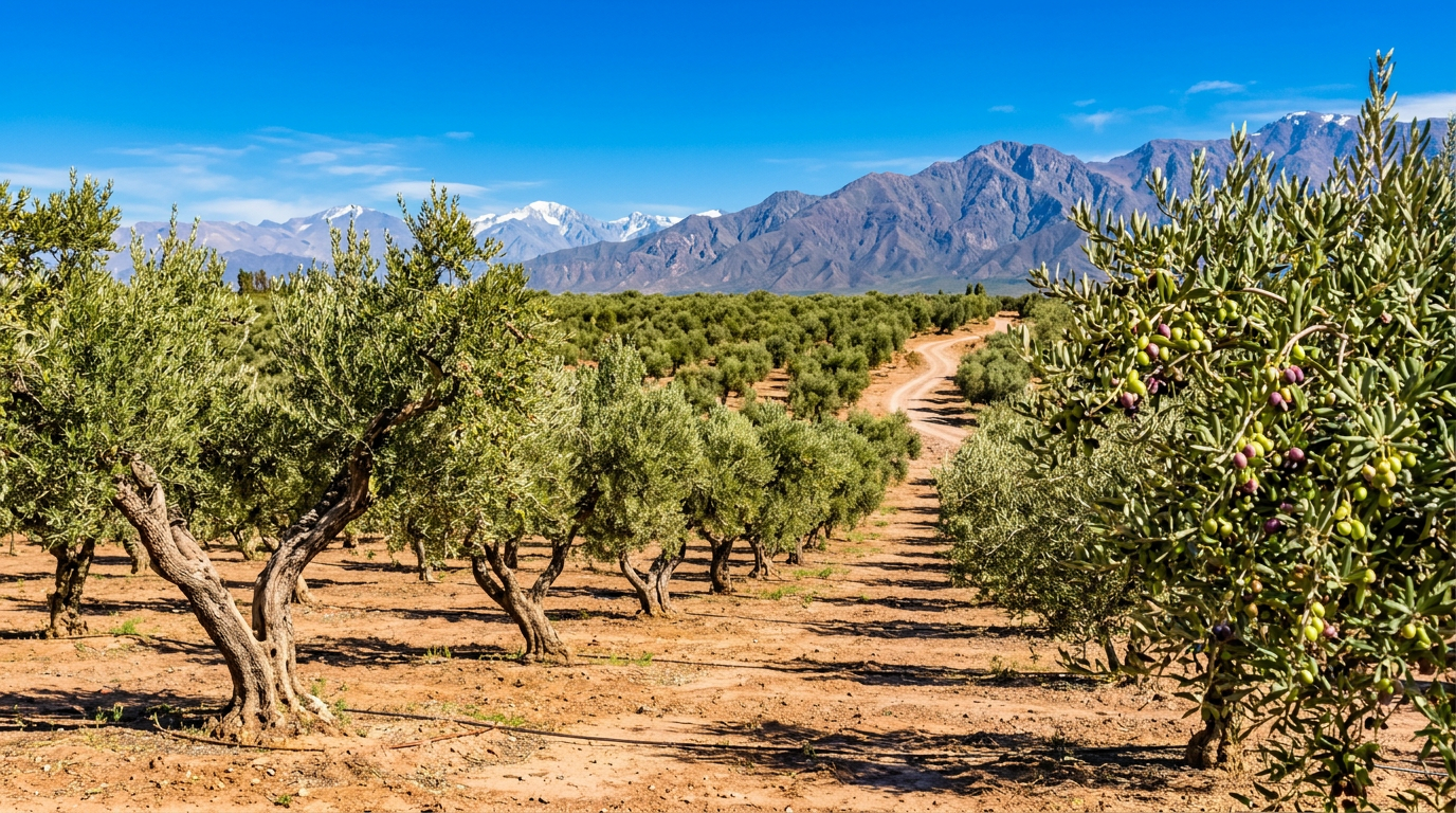 Olive trees with green and purple olives growing in rows on dry soil with mountains in the background